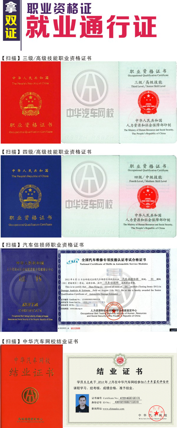拿雙證，一次學(xué)習(xí)考取兩本證書“二手車鑒定評估師證 +汽車估損師證“或汽車營銷師證、中華汽車網(wǎng)校結(jié)業(yè)證