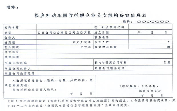 報廢機動車回收拆解企業分支機構備案信息表